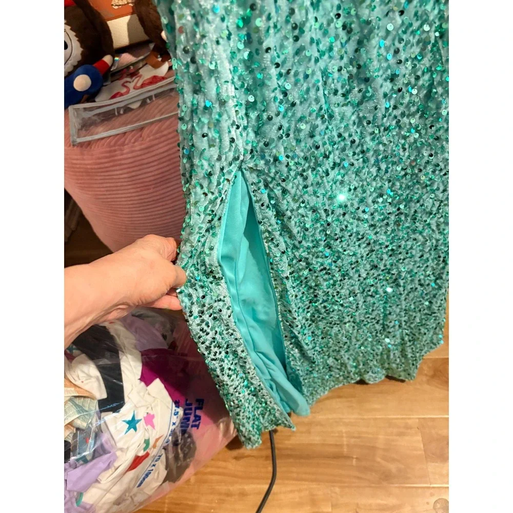 Turquoise Sequin Formal Gown Draped Sparkle Dress Sz XXL